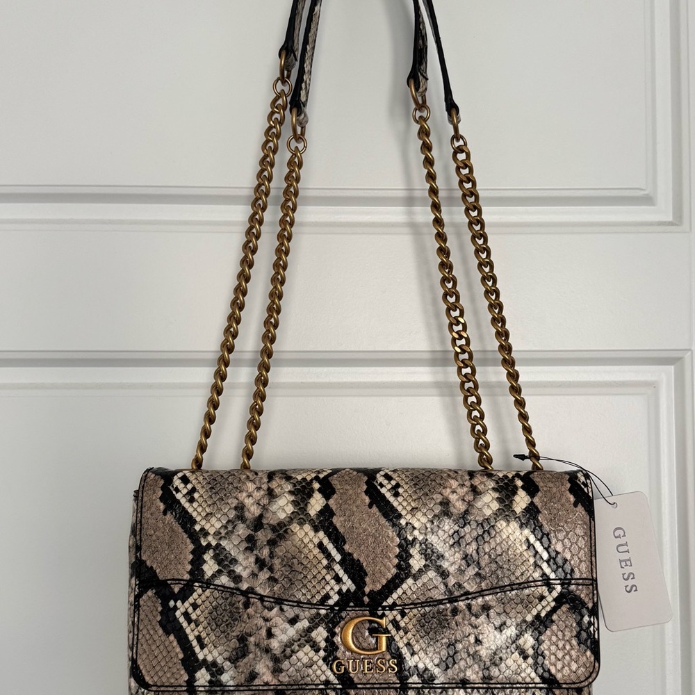 Guess Brown and Gold Shoulder Bag with Snake Print NEW with tags